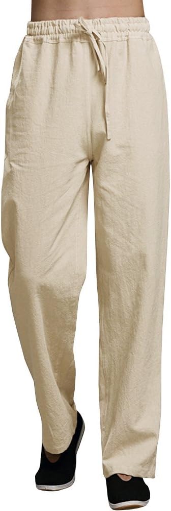 Puwany Mens Casual Linen Drawstring Summer Pants Yoga Beach Trousers