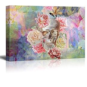 Canvas Print Wall Art - Skull and Roses on Abstract Background - Gallery Wrap Modern Home Art | Ready to Hang - 12x18 inches