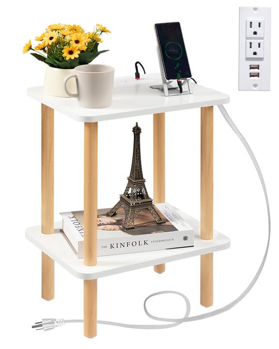 Photo 1 of FORAOFUR End Table with Charging Station, End Tables with USB Ports and Outlets, Small Side Table for Living Room, Bedroom & Office, Two-Tier Narrow Side Table, Easy Assembly