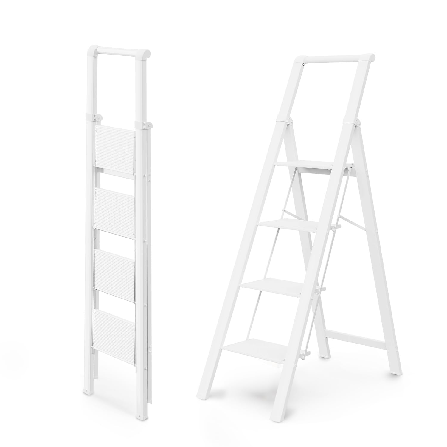WOA WOA 4 Step Ladder, Ladders for Home, Anti-Slip Aluminum Pedals, Step Stool Foldable, Lightweight to Move, Ease of Storage, Reach 9ft for Closet Kitchen Library, Hold 300lbs - White Image