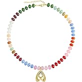 Hoifu Elegant Boho Colorful Beaded Necklace with Gold Bubble Letter A-Z Pendant,Handmade Trendy Summer Beach Initial Necklace Chain,14K Gold-Plated Natural Stone Choker, Perfect Festival Jewelry Gift for Women
