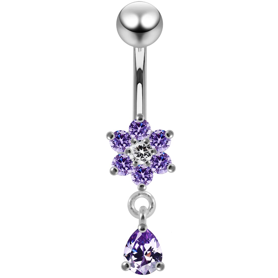 AZARIO LONDON Lavender Crystal Stone Trendy Flower and Teardrop Design Sterling Silver Belly Bars Piercing