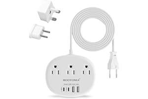 European/UK/US Travel Plug Adapter with USB C, 3 AC Outlets 4 USB Ports (4.8A/24W) Universal Travel Power Bar for EU Spain UK