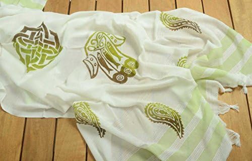 Handwoven Turkish Towel Bath and Beach Peshtemal Towel - Spa Sauna Yacht Beach Hamam Yoga Meditation Shawl - One of a Kind Wood Block Printing - Green Stripes - Fatima Hand