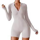 JBT Women Workout Jumpsuit One Piece Zip Up Rompers Long Sleeve Tummy Control Yoga Gym Bodysuit Bodycon
