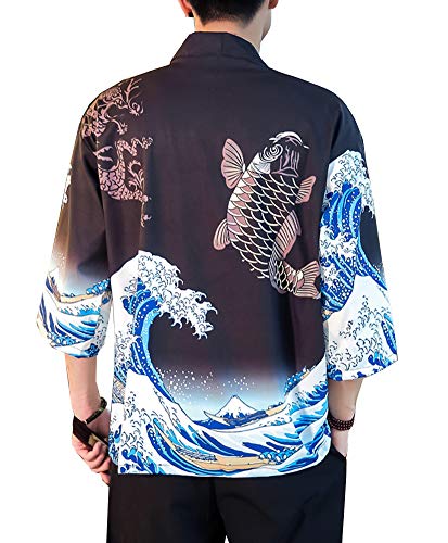 Men's Japanese Harajuku Fish Printed Kimono Cardigan Jackets Streetwear (Fish Black, Large)