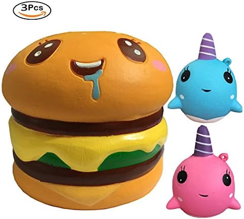 3 PCS Sqishys Toys, Slow Rising Jumbo Food Squishise Cat Hamburgers and 2 Pcs Whale Squishies for Kid and Adult.