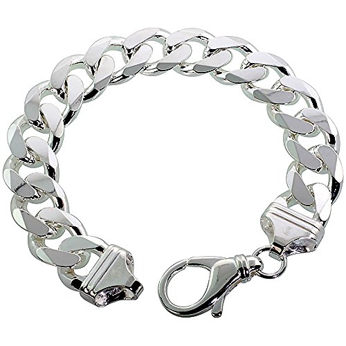 Sterling Silver Thick Curb Cuban Link Chain Bracelet 14.3mm Beveled Edges Nickel Free Italy 8 inch