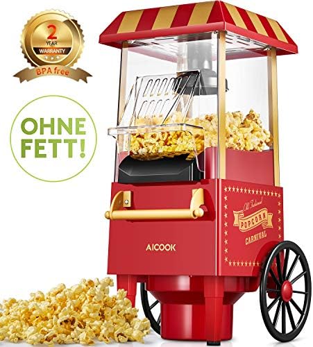Aicook Machine à Pop Corn, 1200W Retro Machine à Popcorn avec Air Chaud, Sans Gras Huile, Facile á L'utilisation, Rouge
