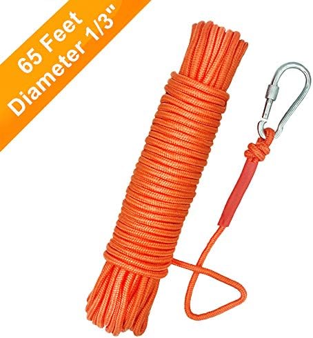 UTOMAG Magnet Fishing Nylon Rope with Carabiner, 65 Feet All Purpose High Strength Cord Safety Braid Rope – Good for Magnet Fishing – Diameter 6mm / 8mm – Approximately 1/4” / 1/3”