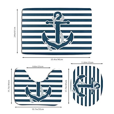 Nautical Bathroom Rug Set 3 Piece Navy Anchor Blue Stripe Background Non Slip Bath Carpet Mat U-Shaped Contour Mat… 517XBql4QgL