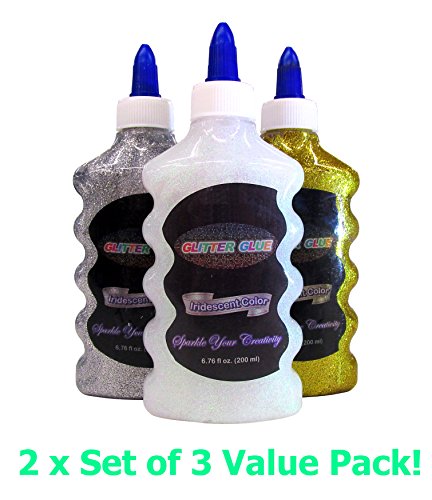 3 Color Glitter Glue Set (6.7oz - 200 ml Bottles) Iridescent Metallic Colors - Gold, Silver, and Pearl. (6 Units - 2 of Each Color)