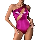 Mridadsc Women's Silver Metallic Liquid One Piece Bodysuit Cut Out One Shoulder Leotard Tank Top Rave Outfit