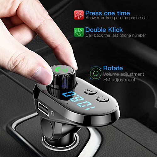 Bluetooth FM Transmitter Car Adapter, MANLI Car Charger MP3 Player, Bluetooth 5.0, with 3 Ports for iPhone, Android and Type C, 1 USB 5V/2.1A and TF Card Connection, Handsfree
