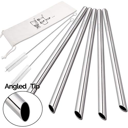 [Angled Tips] 5 Pcs 10" Reusable Boba Straws & Smoothie Straws, 0.5" Wide Stainless Steel Straws, Metal Straws for Bubble Tea/Tapioca Pearl, Milkshakes, Jumbo Drinks | 2 Cleaning Brushes & 1 Case