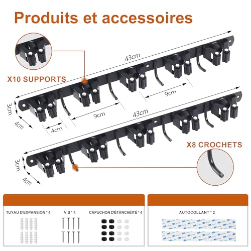 OMerima Wall Mounted Broom Holder, Stainless Steel Broom Holder - 10 Brackets + 8 Hooks, Wall Mounted Broom Holder Without Drilling Black, Can Be Used in Kitchen, Bathroom, Garden, Garage (2 Pieces)