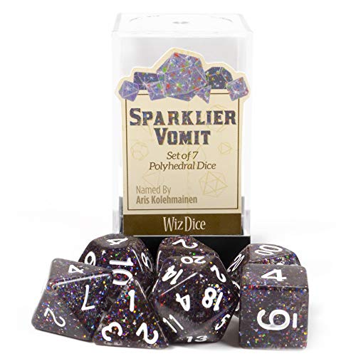 Sparklier Vomit Complete Set of 7 Premium Glitter Polyhedral Dice Edition with More Sparkles - Compatible with Most Tabletop RPG Board Games, Comes with Clear and Labled Display Box