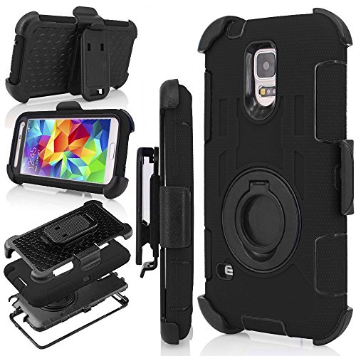 Galaxy S5 Case, S5 Case, Jwest Shockproof Hybrid Rugged Samsung Galaxy S5 Case Rubber Three Layer Holster Cover Case for Samsung Galaxy S5 with Built-in Rotating Stand and Belt Swivel Clip Black