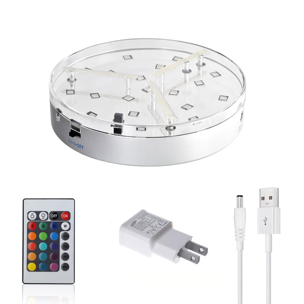 Photo 1 of LED Light Base for Glass Art - 6 Inch Round Multicolor LED Vase Base with Remote Control for 3D Display | Rechargeable Battery Operated LED Light Wedding Centerpieces Pedestal for Glass Art Figurines