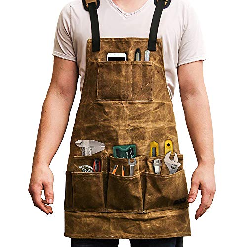 LuBanSir Waxed Canvas Apron, Heavy Duty Woodworking and Machinist Shop Apron with Tool Pockets & Hammer Loops for Men and Women