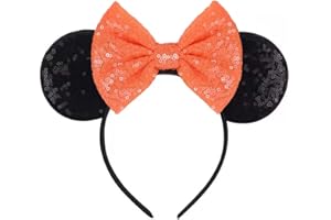 Seamoy Sequin Minnie Ears Headband, Halloween Mickey Ears Headband, Halloween Shirt Accessories,Halloween Headband for Women Girls (Orange Bow and Black)