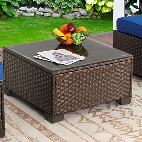Patio Furniture Wicker Coffee Table Outdoor Garden Square Side Table with Tempered Glass Top