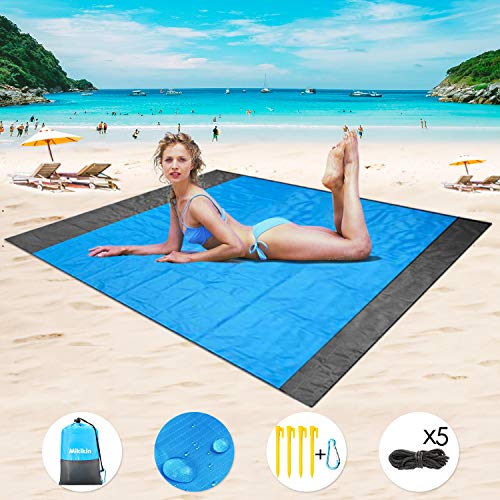 Mikikin Beach Blanket Sand Proof, Beach Mat Sand Free, Oversized Waterproof Quick Drying Ripstop Nylon Compact Sandless Beach Mat Best for Travel, Picnic, Camping, Hiking, Outdoor and Music Festivals