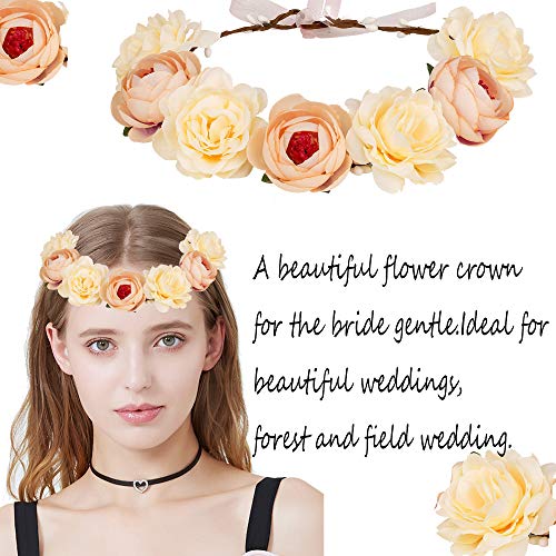 Thunaraz Women Boho Floral Crown Hair Wreath Flower Headband with Adjustable Ribbon Halo Festival Wedding Party