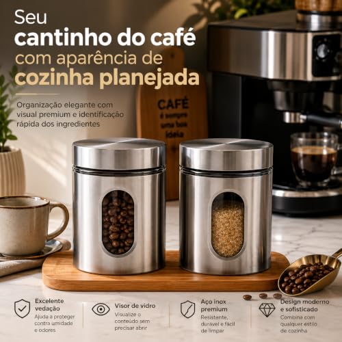 Kit Com 2 Potes Vidro Vítreo Revestido Em Inox 630ML Tampa Com Vedação e Visor - Ideal para Armazenar Café, Açucar, Sal, Grãos e Mantimentos - Super Resistente - Cantinho Do Café