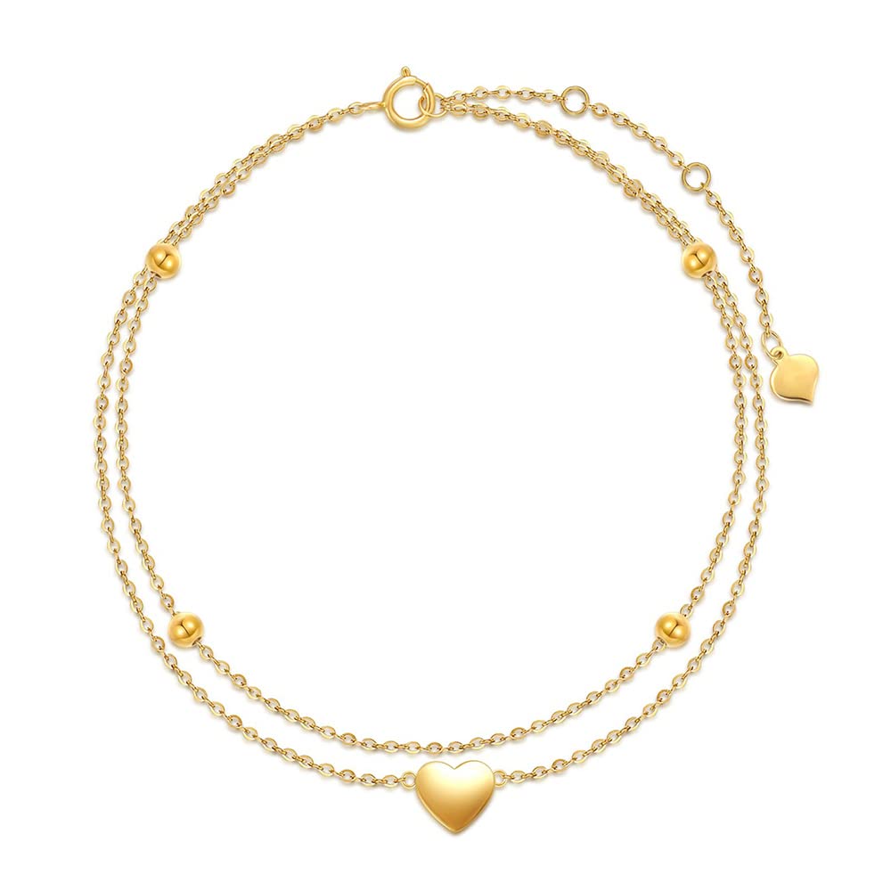 SISGEM 9 ct Gold Heart Anklet, Solid Yellow Gold Dainty Beaded Layered Anklet, for Women Girls Ladies Mum Sisters, 8"+1"+1"