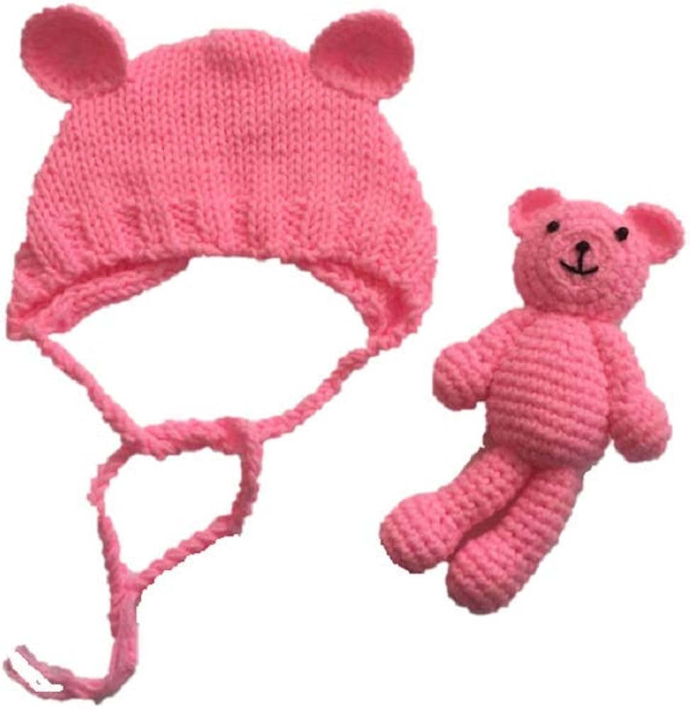 Matissa Newborn Baby Crochet Knit Costume Photography Prop Baby Bear Hat and Doll Set (Rose Pink)