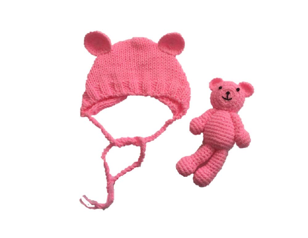 Matissa Newborn Baby Crochet Knit Costume Photography Prop Baby Bear Hat and Doll Set (Rose Pink)