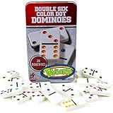 Toysery Double 6 Color Dot Dominoes Game Set - White Dominoes 28 Piece Set Toy in Tin Case - Six Dot Dominoes Match & Educational Game
