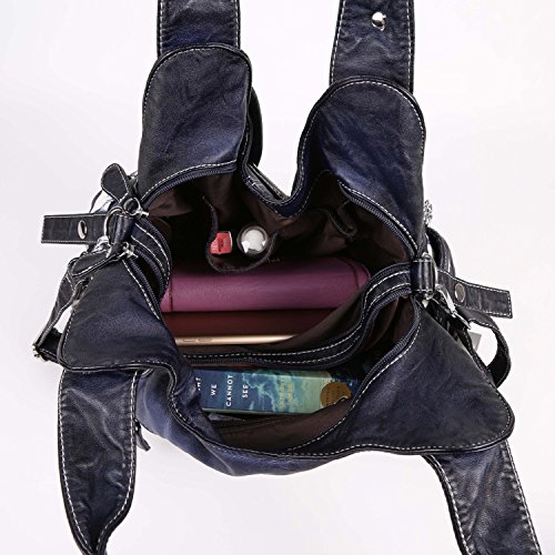 Angelkiss Women Multiple Pockets Purses and Handbags Washed Leather, Two Top Zippers Closure, Deep Blue - Thumbnail 5