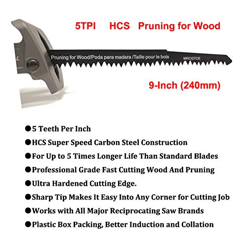 9-Inch Wood Pruning Reciprocating Saw Blades, MRCGTCE 5-TPI HCS Big Teeth Sawzall Pruning Blades, Fast Straight Clean Wood Cutting And Pruning Blades for Reciprocating Saw(5 Pack)
