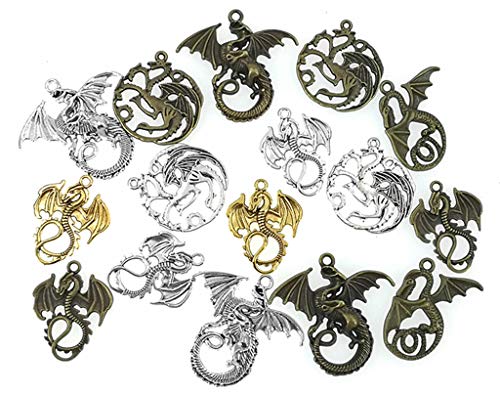 Kinteshun Flying Dragon Charm,Tarrasque Infernal Demon Fire Dragon Totem Charm Pendant Bead Connector for DIY Jewelry Making Findings(16pcs,Silver Bronze and Gold Tones)
