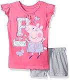 Peppa Pig Little Girls' Toddler 2 Piece Ruffle Sleeve T-Shirt with Short Set, Pink/Heather Grey, 4T