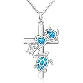 Talonior Turtle Necklace for Women S925 Sterling Silver Blue Opal Sea Turtle Necklace Cross Heart Mother Daughter Pendant Jewelry Gift