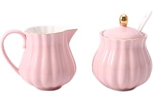 CHOOLD Elegant Flower Design Ceramic Sugar and Creamer Set with Lid Spoon Creamer Serving Set Coffee Serving Set Wedding Gift 7.5oz