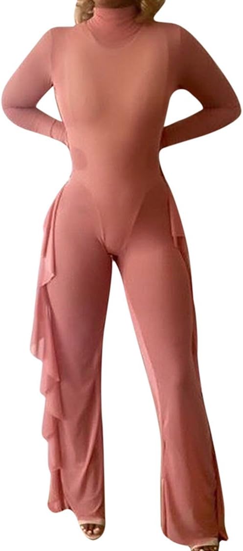 VamJump Women Fashion Sheer See Through Mesh Ruffles Bikini Jumpsuit Coverup L Pink