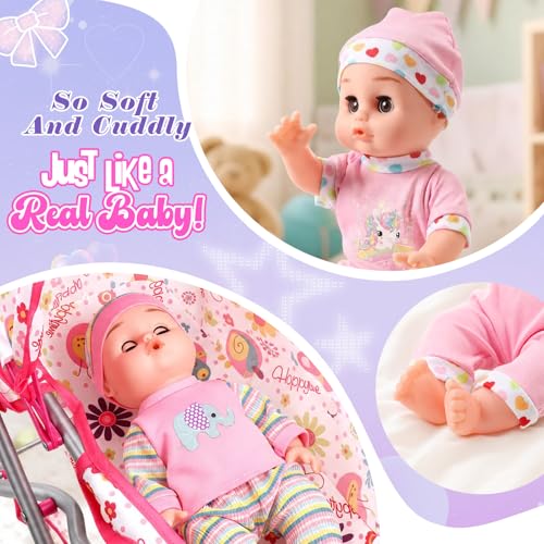 HappyGoLucky Baby Stroller with 28 cm Doll, Clothes and Accessories Dolls Roleplay Girl 3-7 Years Dolls Pram Gift Girl 2-8 Years Toys Child