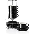Sweejar Porcelain Espresso Cups with Saucers, 2.5 Ounce Stackable Cappuccino Cups with Metal Stand for Coffee Drinks, Latte, Tea - Set of 4 (Black)