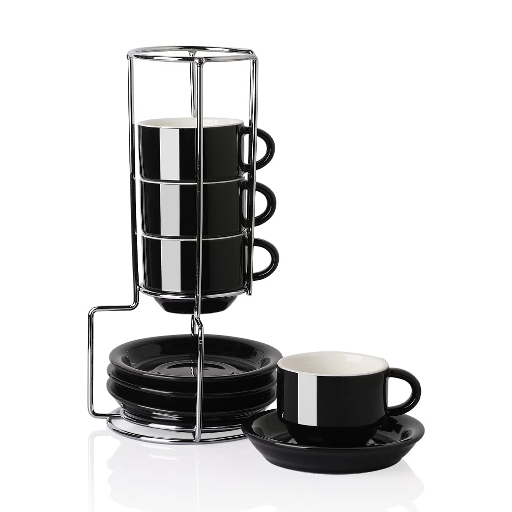 Sweejar Home Porcelain Espresso Cups with Saucers, 70ml Stackable Cappuccino Cups with Metal Stand for Coffee Drinks, Latte, Tea - Set of 4 (Black)