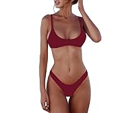 SherryDC Women's Solid Scoop Neck Push Up Padded Brazilian Thong Bikini Swimsuit Bathing Suit