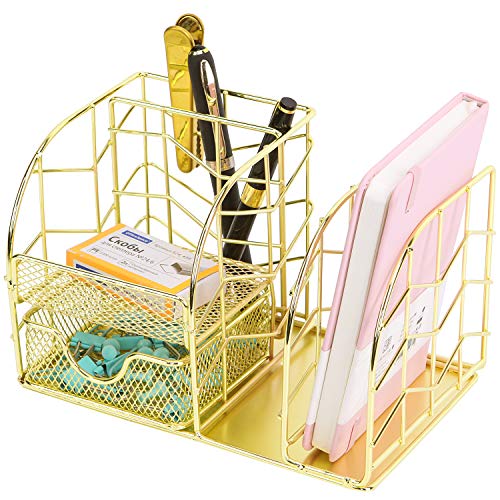 Z-PLINRISE-Desk-Supplies-Organizer-4-Slots-Plus-1-Drawer-Pen-Holder-Mail-Sorter-Sticky-Note-Holder-and-Accessory-Slot-Wire-Stationery-Storage-Rack-for-Home-Office-Gold