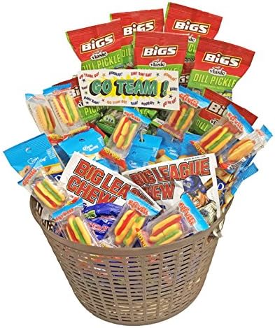 Team Snack Gift Basket- Game Day Gift Basket- Blue Diamond Almonds, Bigs Sunflower Seeds, Big League Chewing Gum, Super Licorice Ropes, Gummy Hot Dogs