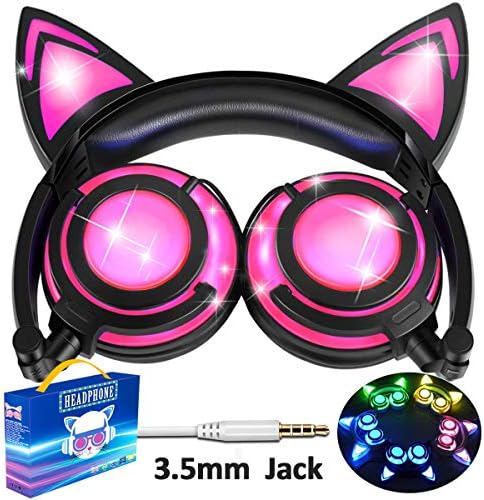 Qiwoo Headphones for Kids Girls Boys Toddlers with Volume Limited Rechargeable Full LED Light Up Wired On/Over Foldable Headphones Travel School Musical Device Tablets, Rosy Pink