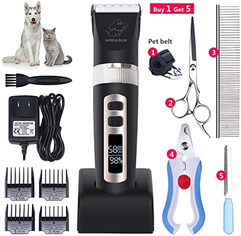 HISEASUN Pet Grooming Clippers Low Noise Rechargeable Cordless Electric Dog and Cat clippers Kit with LED Screen Indicate Power/Oil for Small / Medium / Large Animal (BLACK, LCD)