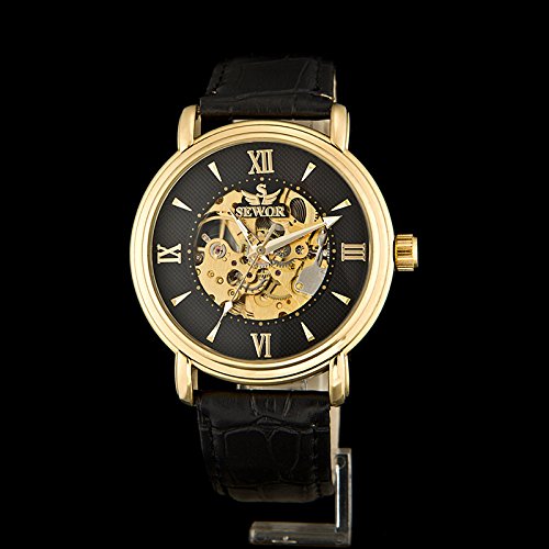 Sewor Men\'s Dress Mechanical Hand Wind Gold Movement Leather Wrist Watch (Brown Gift Box) (Gold Silver)