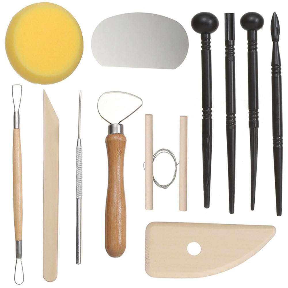 12 Pcs Ceramic Clay Tools Set Air Dry Metal Polymer Clay Tool Plastic Modeling Tools Wooden Pottery Clay Sculpting Tools Carving for Beginners